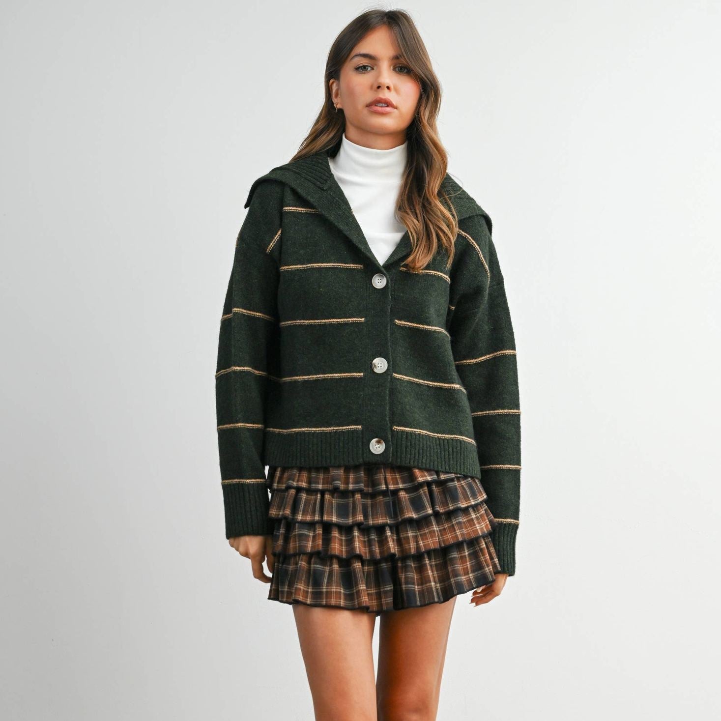 BUTTERMELON - Button-Up Striped Collared Long Sleeve Top - BMC7883