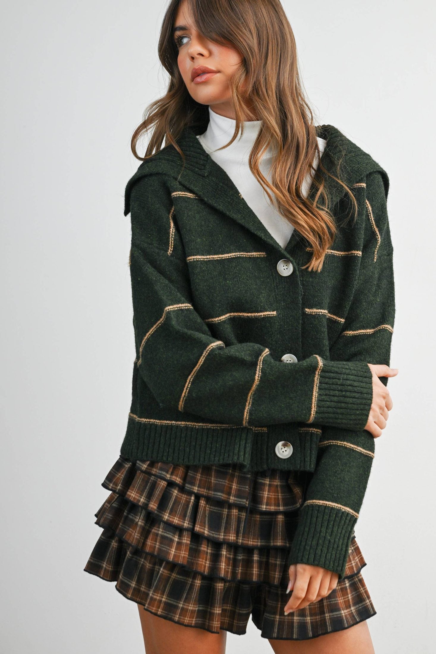 BUTTERMELON - Button-Up Striped Collared Long Sleeve Top - BMC7883