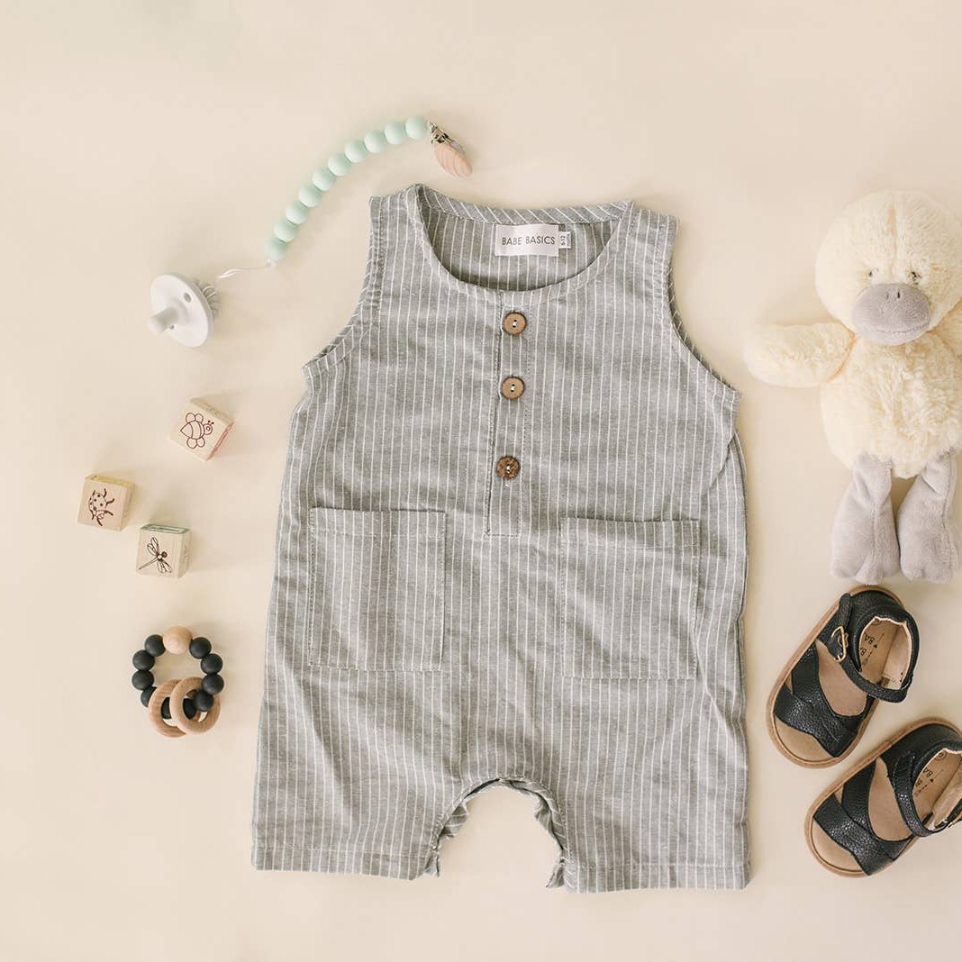 Babe Basics - Grey & White Striped Sleeveless Crop Linen Baby Romper