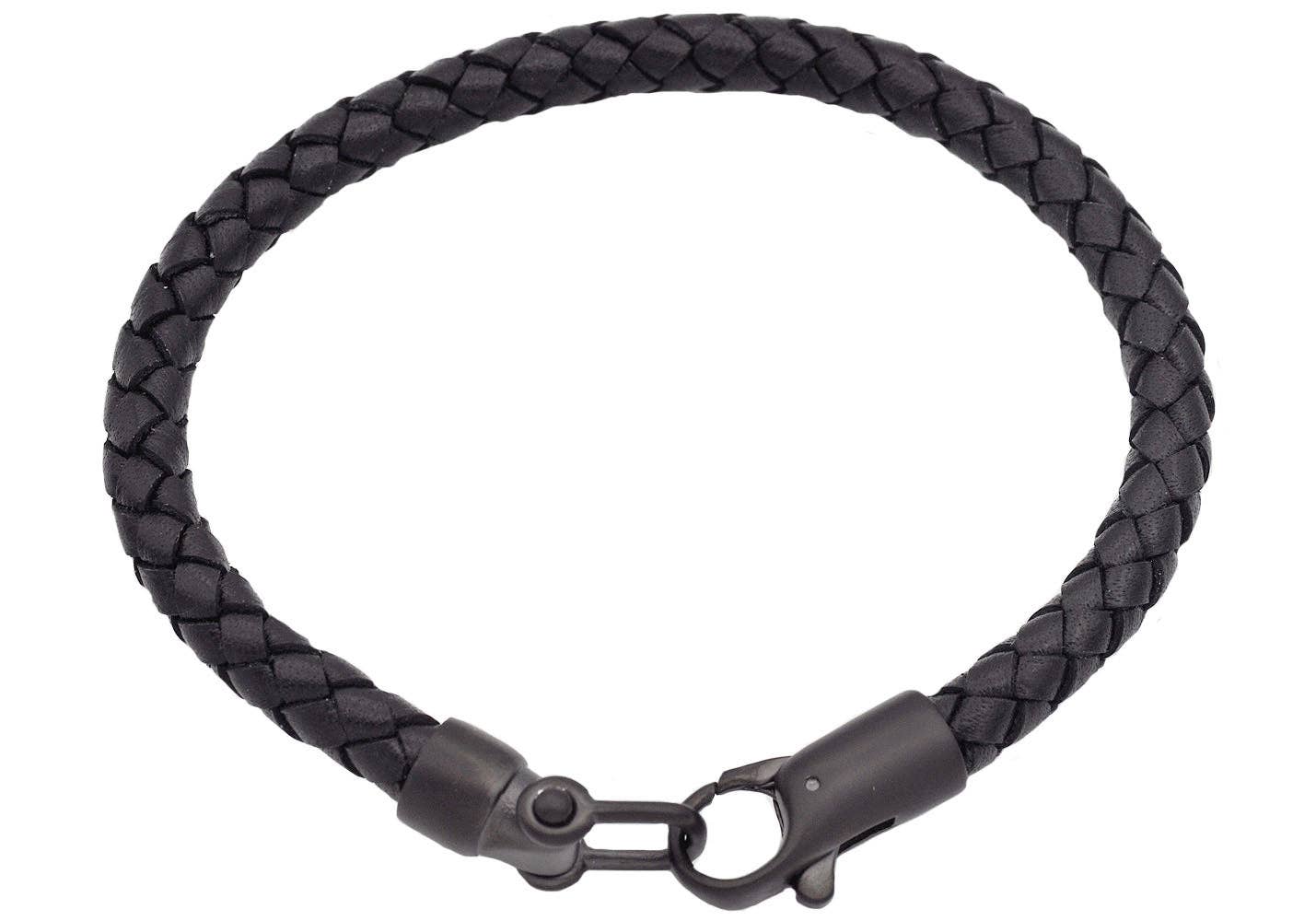 Blackjack Mens Jewelry - Men's Black Leather Black Stainless Steel Bracelet