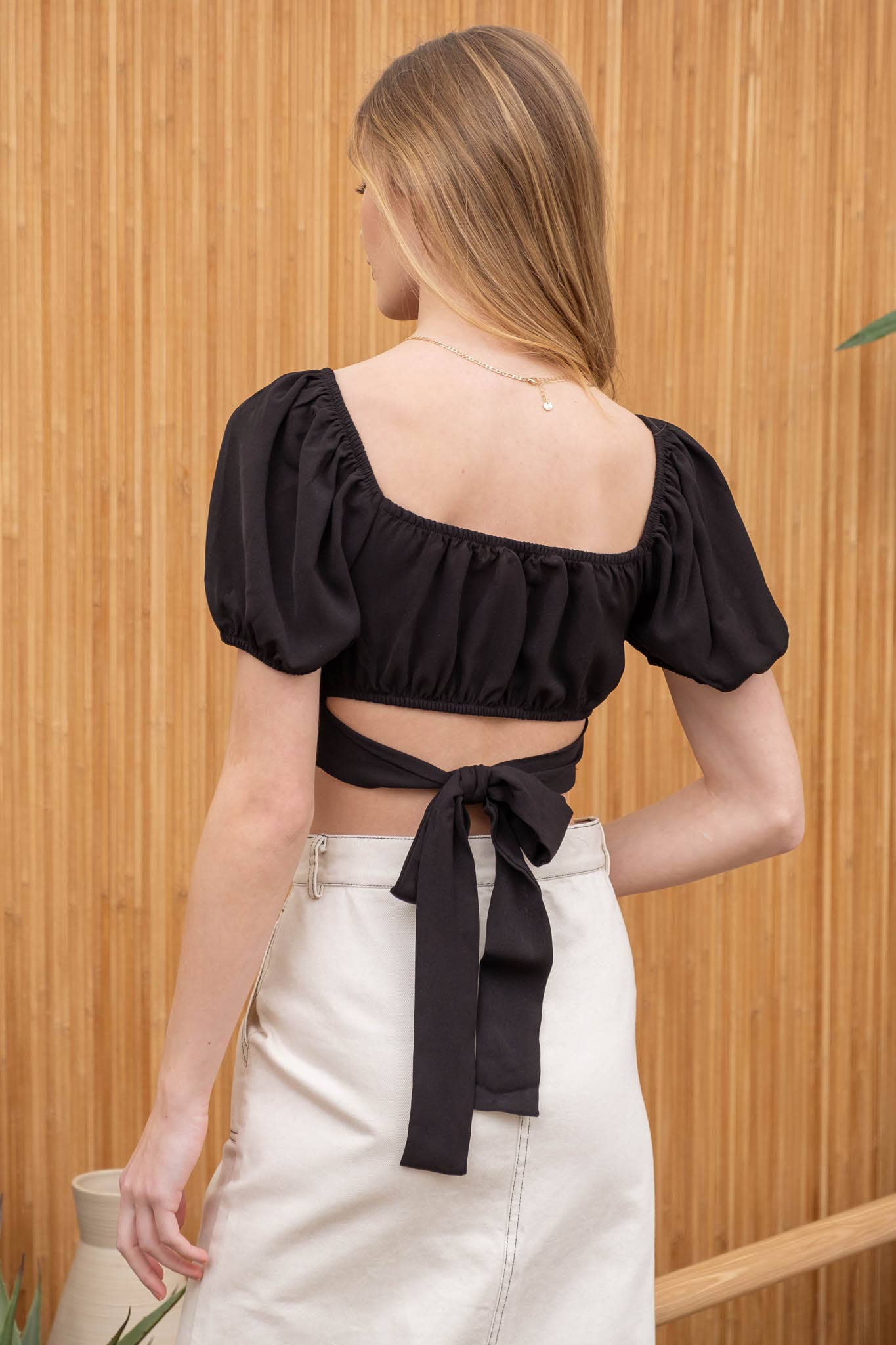 Blu Pepper - BACK TIE CORSET WAIST SHORT PUFF SLEEVE CROP TOP: PINK