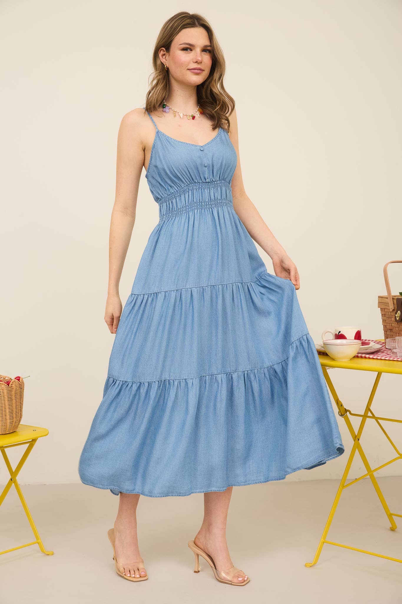 Blu Pepper - CHAMBRAY SLEEVELESS TIERED MIDI DRESS
