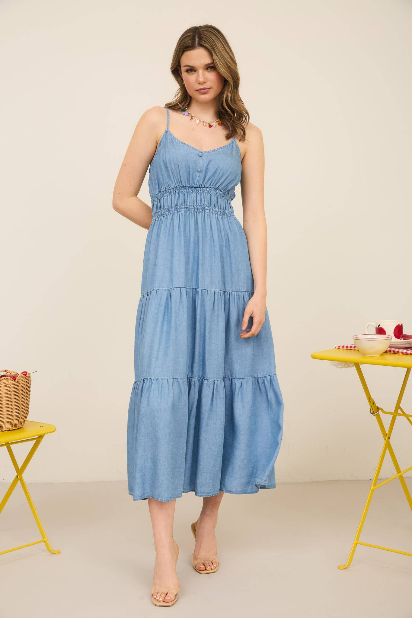 Blu Pepper - CHAMBRAY SLEEVELESS TIERED MIDI DRESS