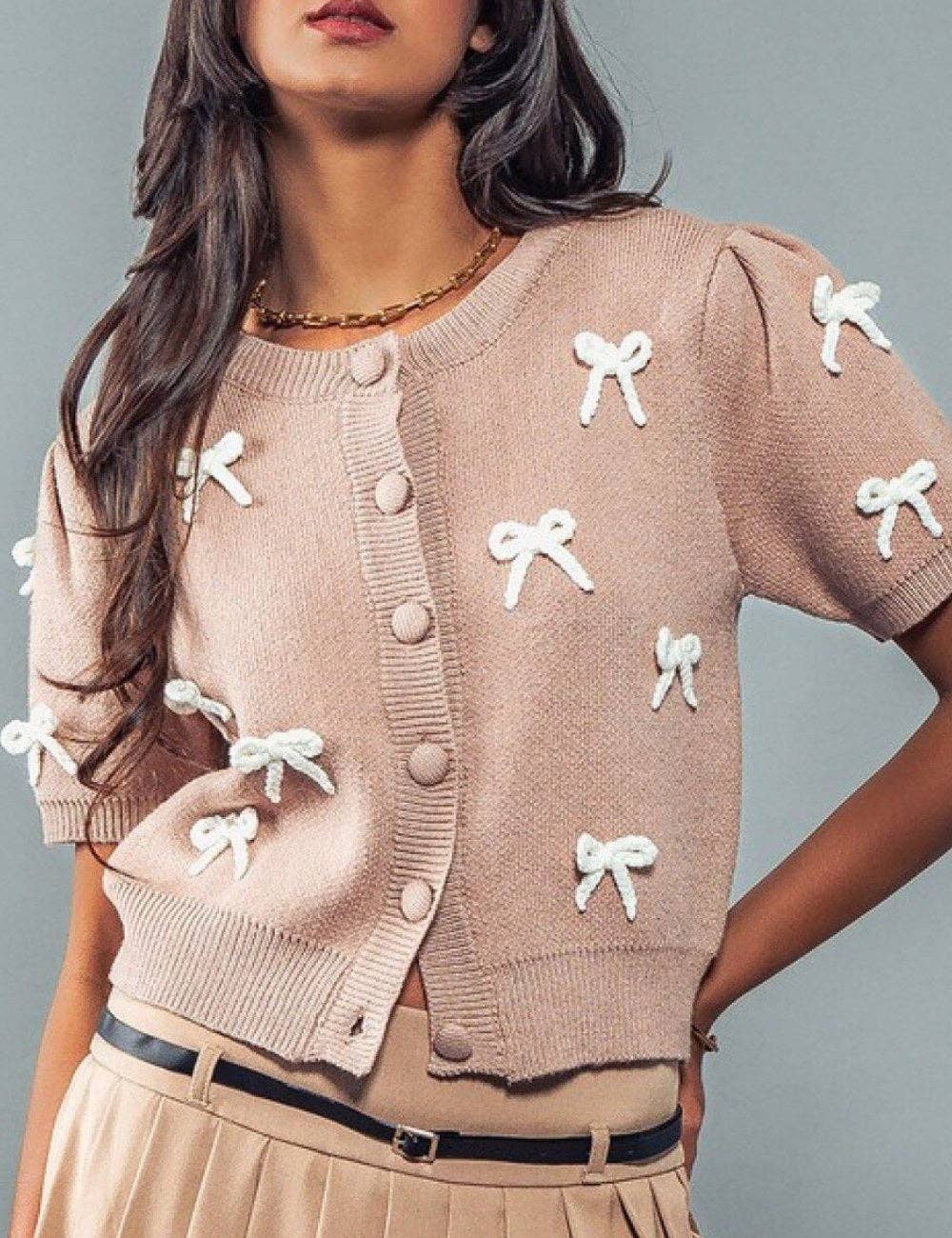 Dipped Shop - Bows Sweet Short Sleeves Knit Cardigan DPT251503