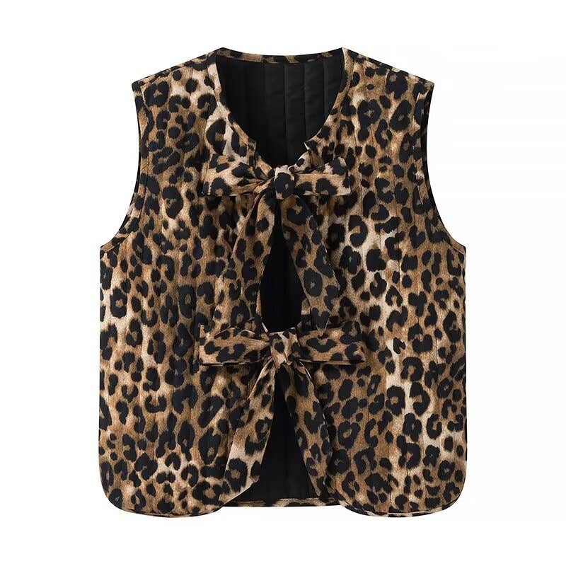 Dipped Shop - Corduroy Leopard Bow Casual Padded Vest DPT251511