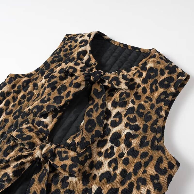 Dipped Shop - Corduroy Leopard Bow Casual Padded Vest DPT251511