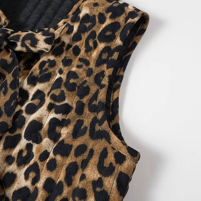 Dipped Shop - Corduroy Leopard Bow Casual Padded Vest DPT251511