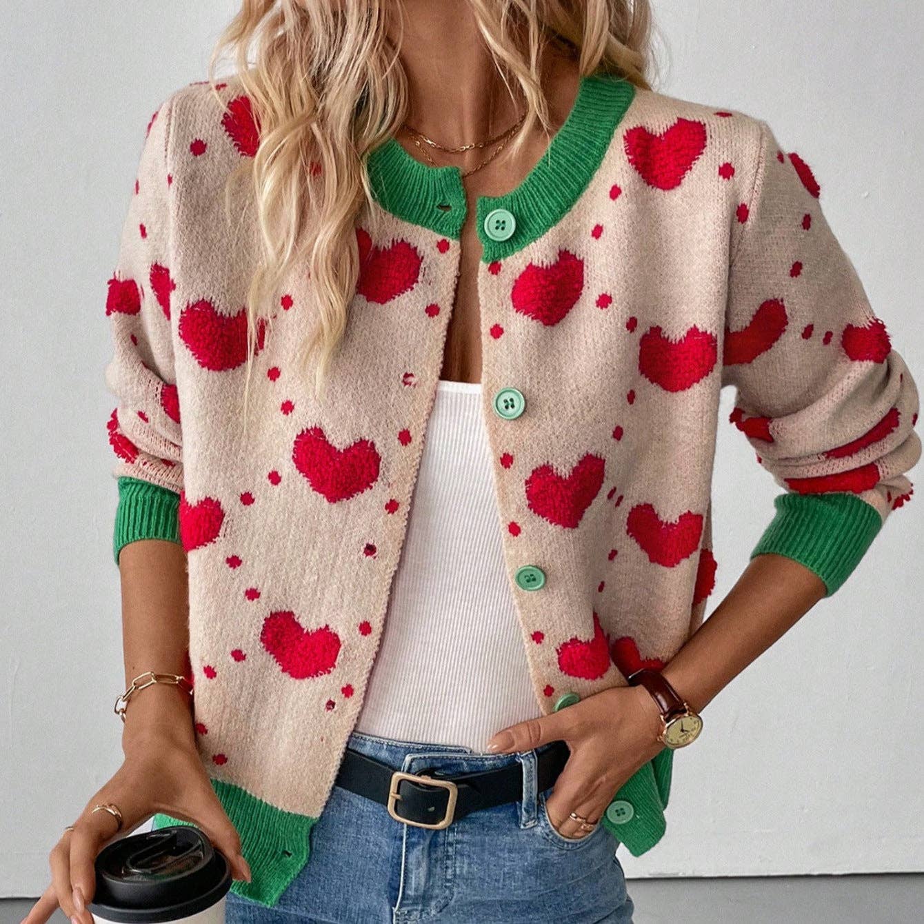 EmberLoom - Valentine Day Heart Crochet Color Block Cardigan