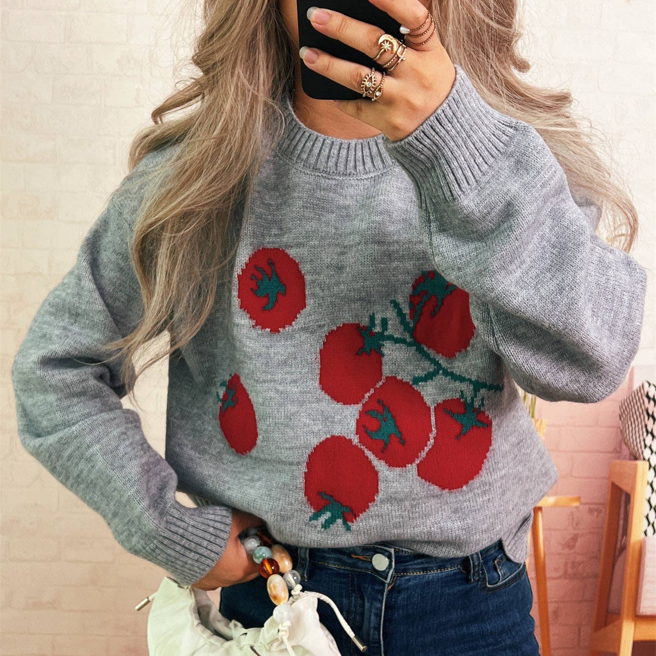 EmberLoom - Women's Color Block Patchwork Round Neck Sweater