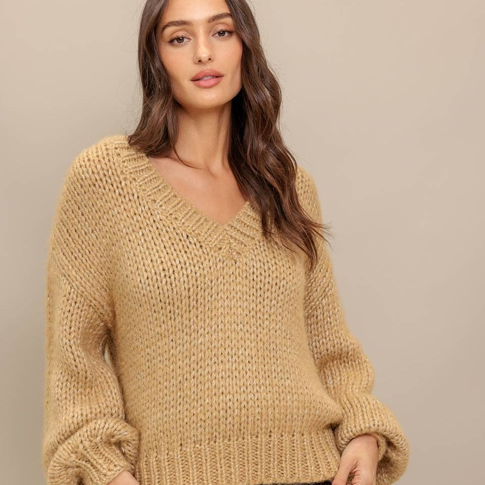FLYING TOMATO - A sweater knit top - ISW5240 CAMEL GOLD