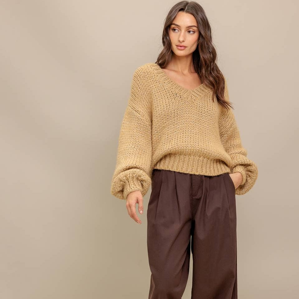 FLYING TOMATO - A sweater knit top - ISW5240 CAMEL GOLD