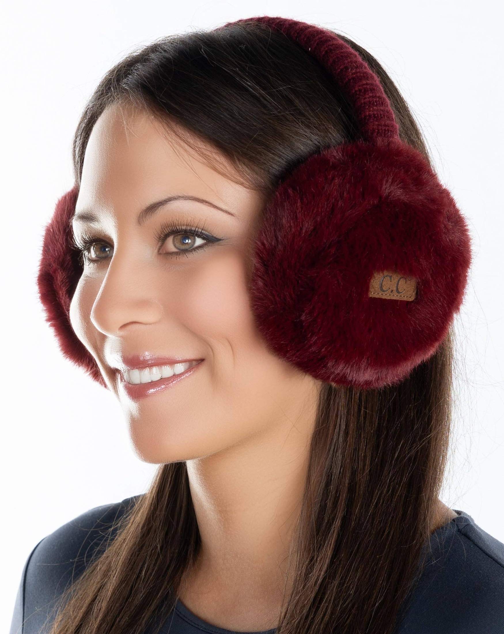 Funky Junque - Women's Adjustable Earmuffs - Faux Mink Fur - Burgundy