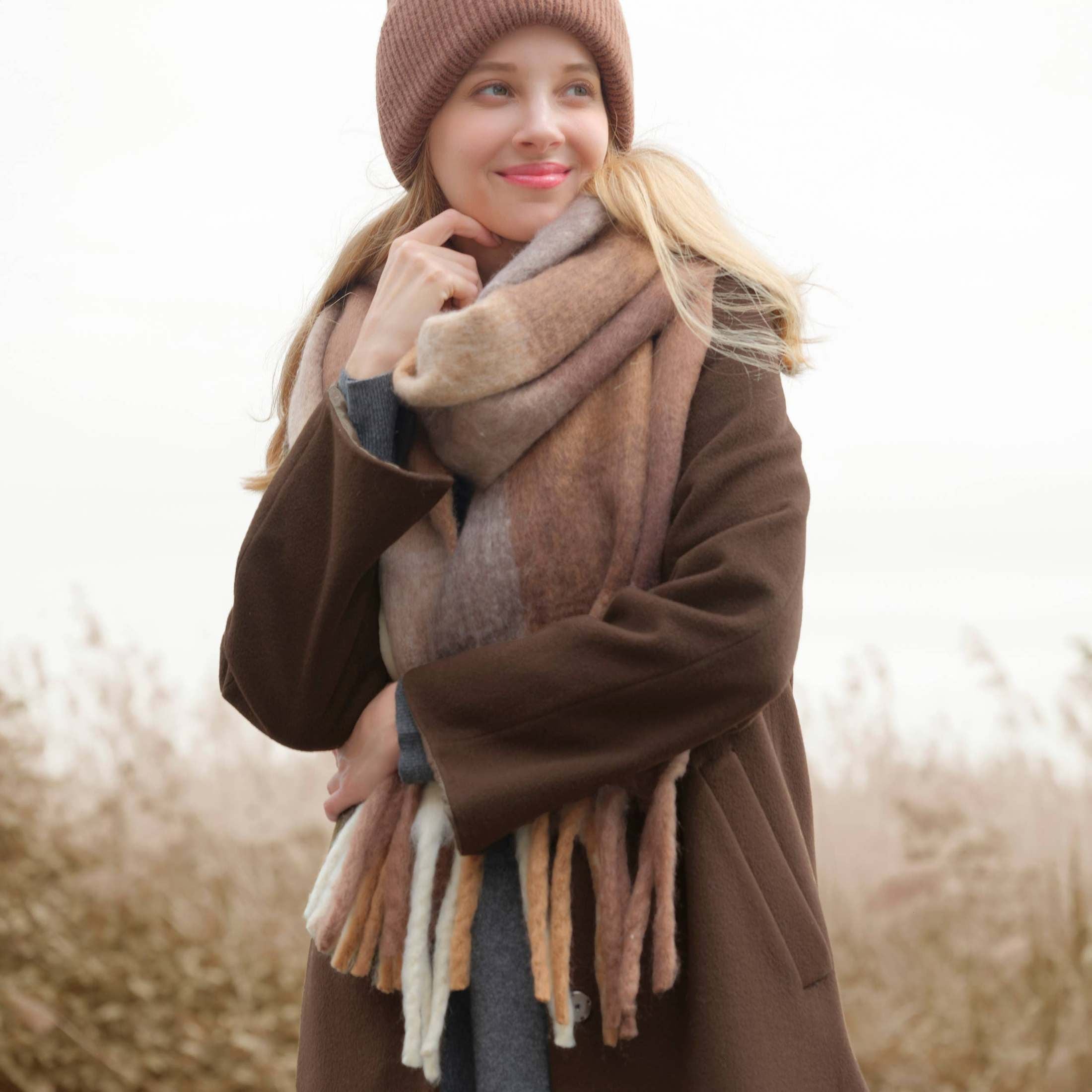 Hana - C.C Multi Color Block Plaid Check Pattern Woven Winter Scarf