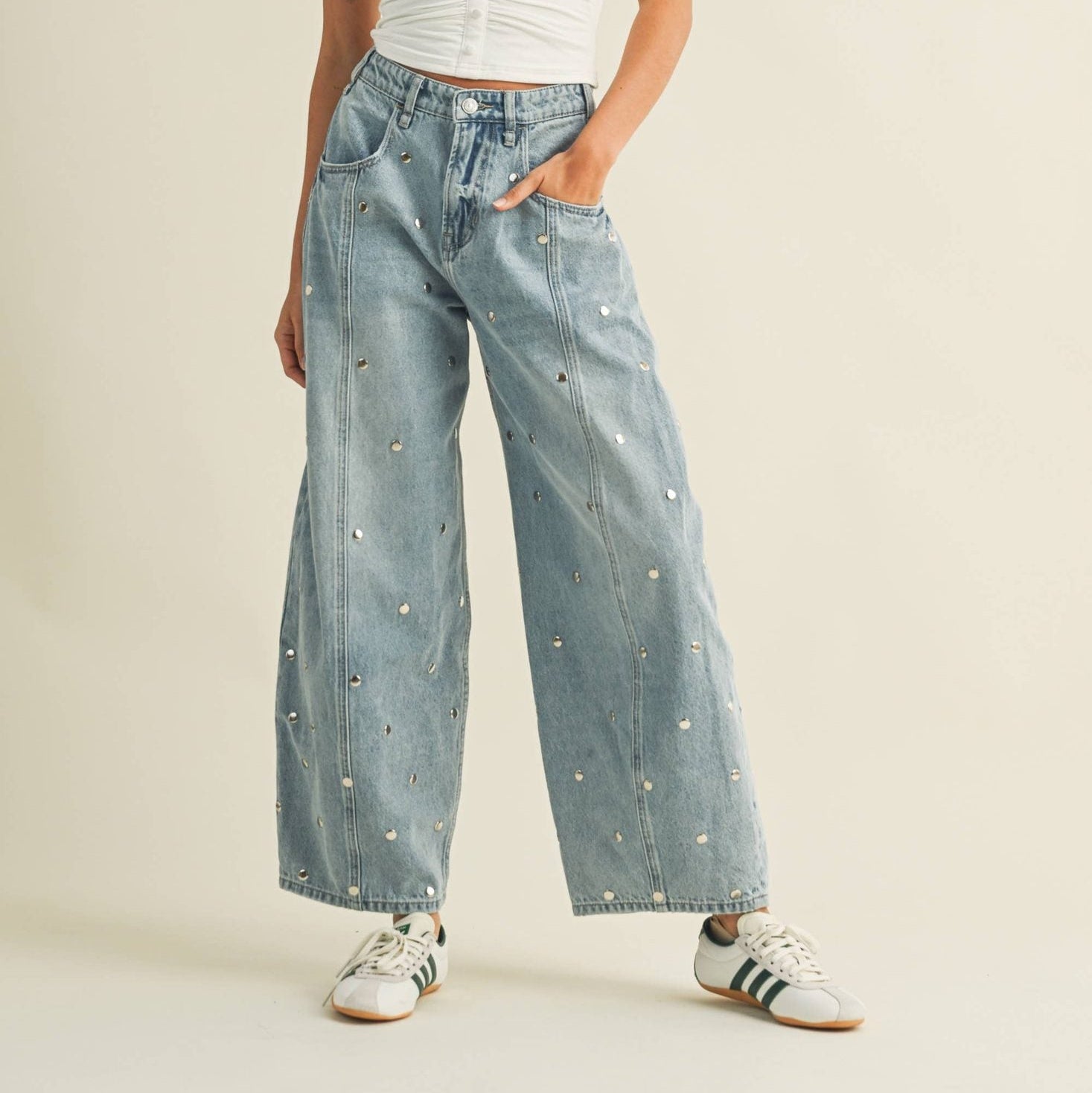Klesis - IP1390 STUDDED BARREL DENIM PANTS