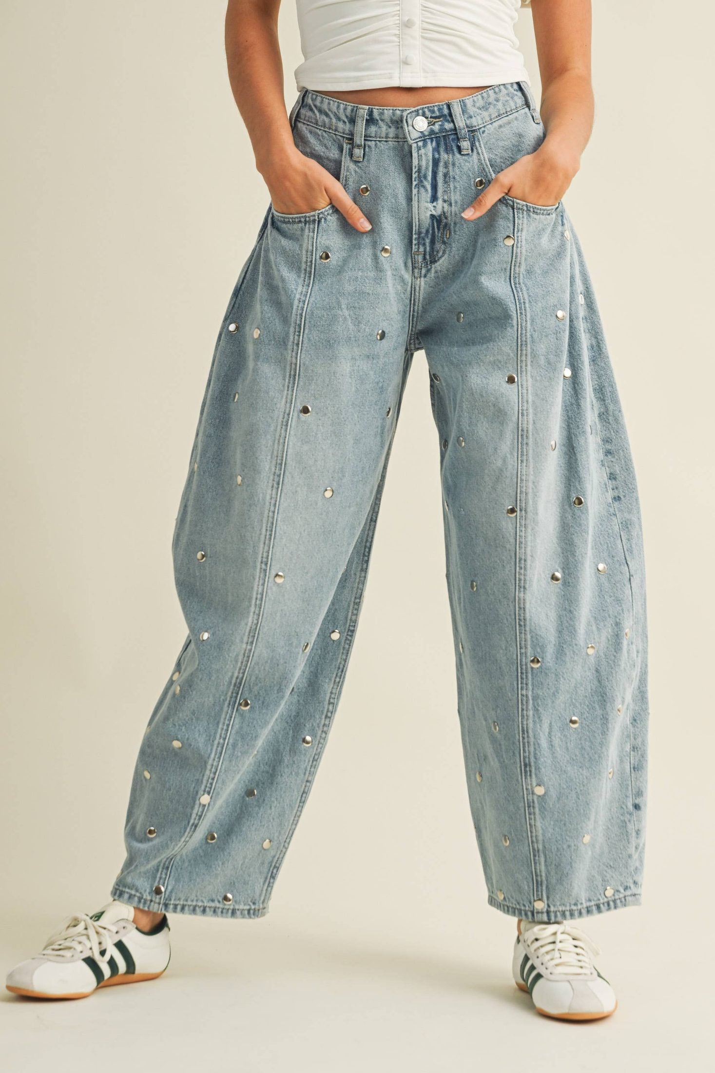 Klesis - IP1390 STUDDED BARREL DENIM PANTS