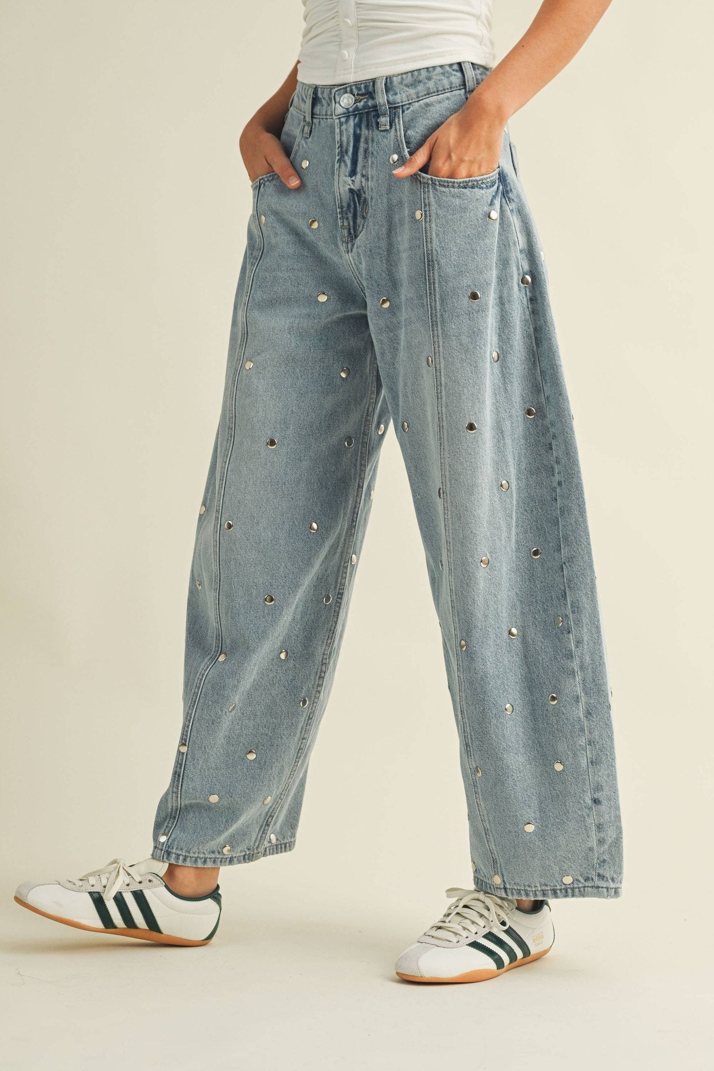 Klesis - IP1390 STUDDED BARREL DENIM PANTS