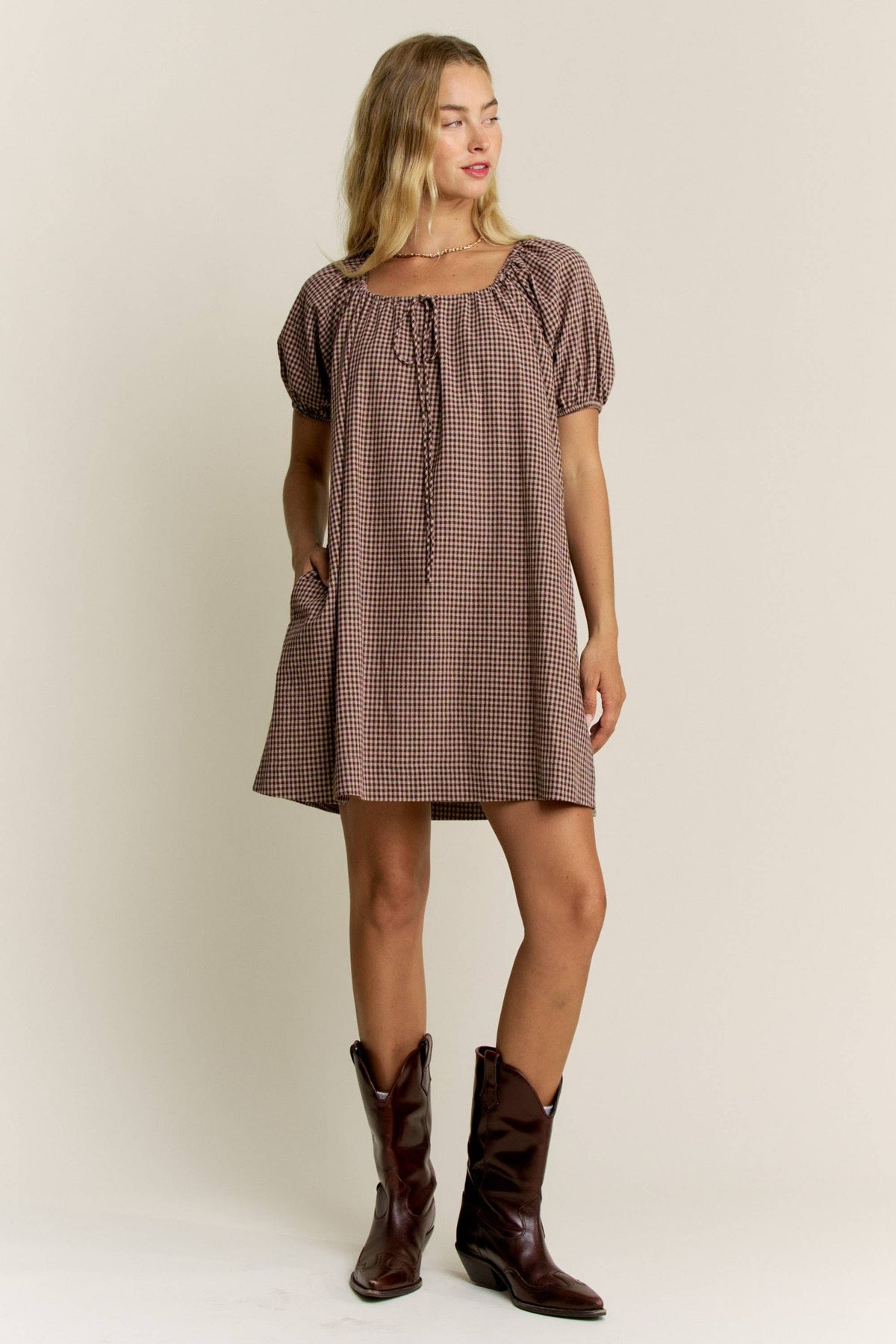 LARA DAISY INC - Gingham Puff Sleeve Drawstring Neck Dress