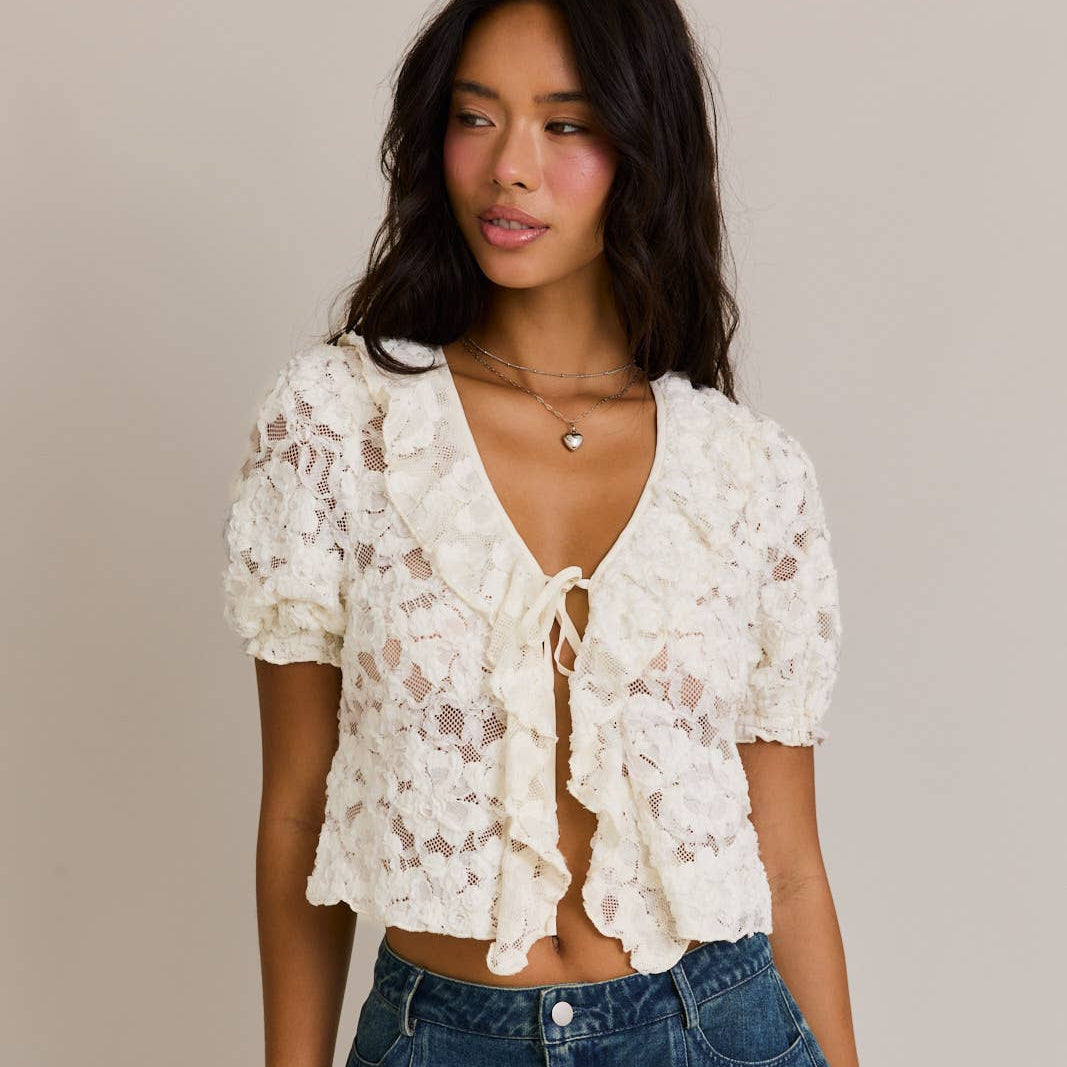 LE LIS - PUFF SHORT SLEEVE V-NECK RUFFLE DETAIL OPEN TOP