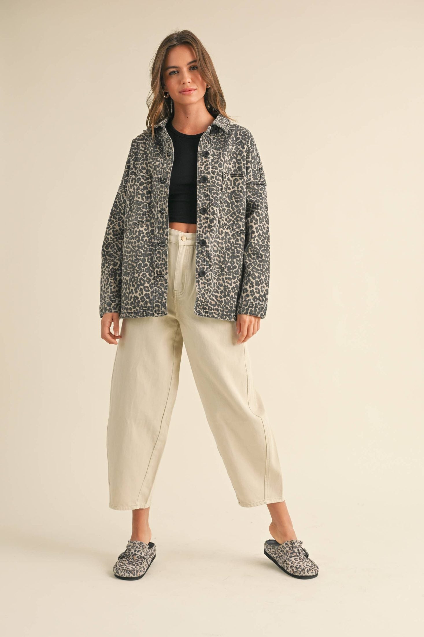 MIOU MUSE - J4027 LEOPARD PRINT STRETCH SHACKET