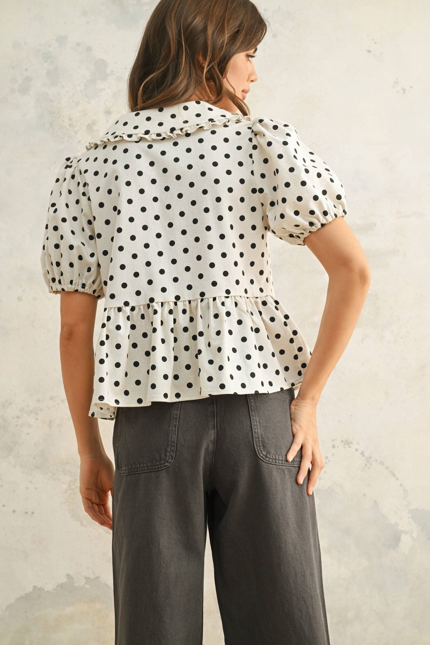 MIOU MUSE - T5004 POLKA DOT PRINT LINEN BLOUSE