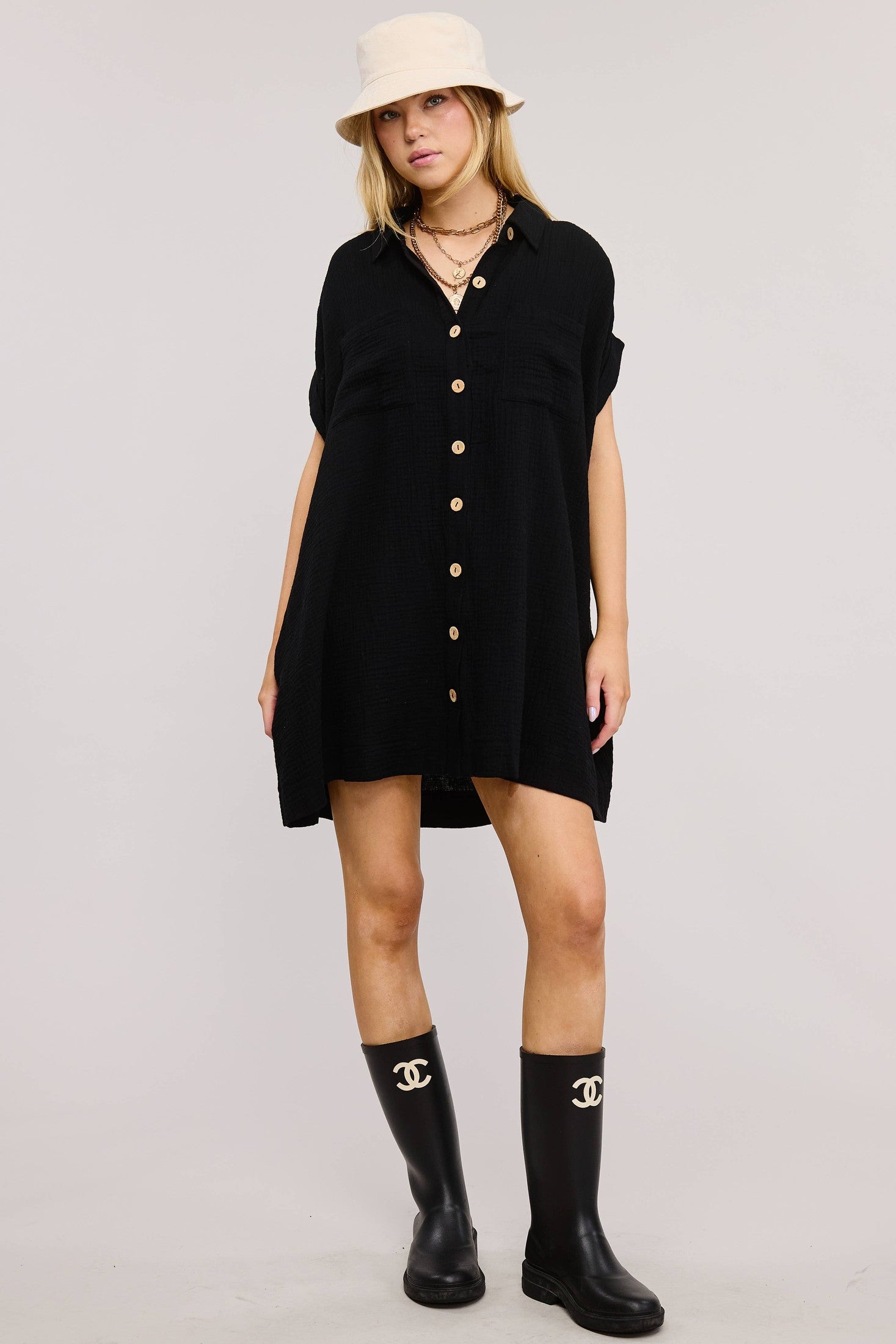 Mimosa - Cotton Gauze Button-Down Short-Sleeve Mini Dress
