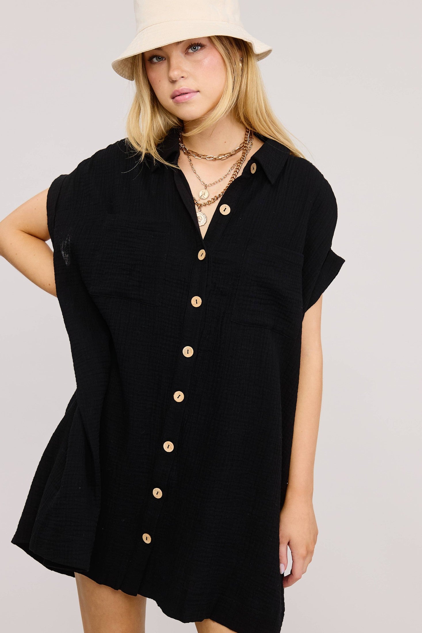 Mimosa - Cotton Gauze Button-Down Short-Sleeve Mini Dress
