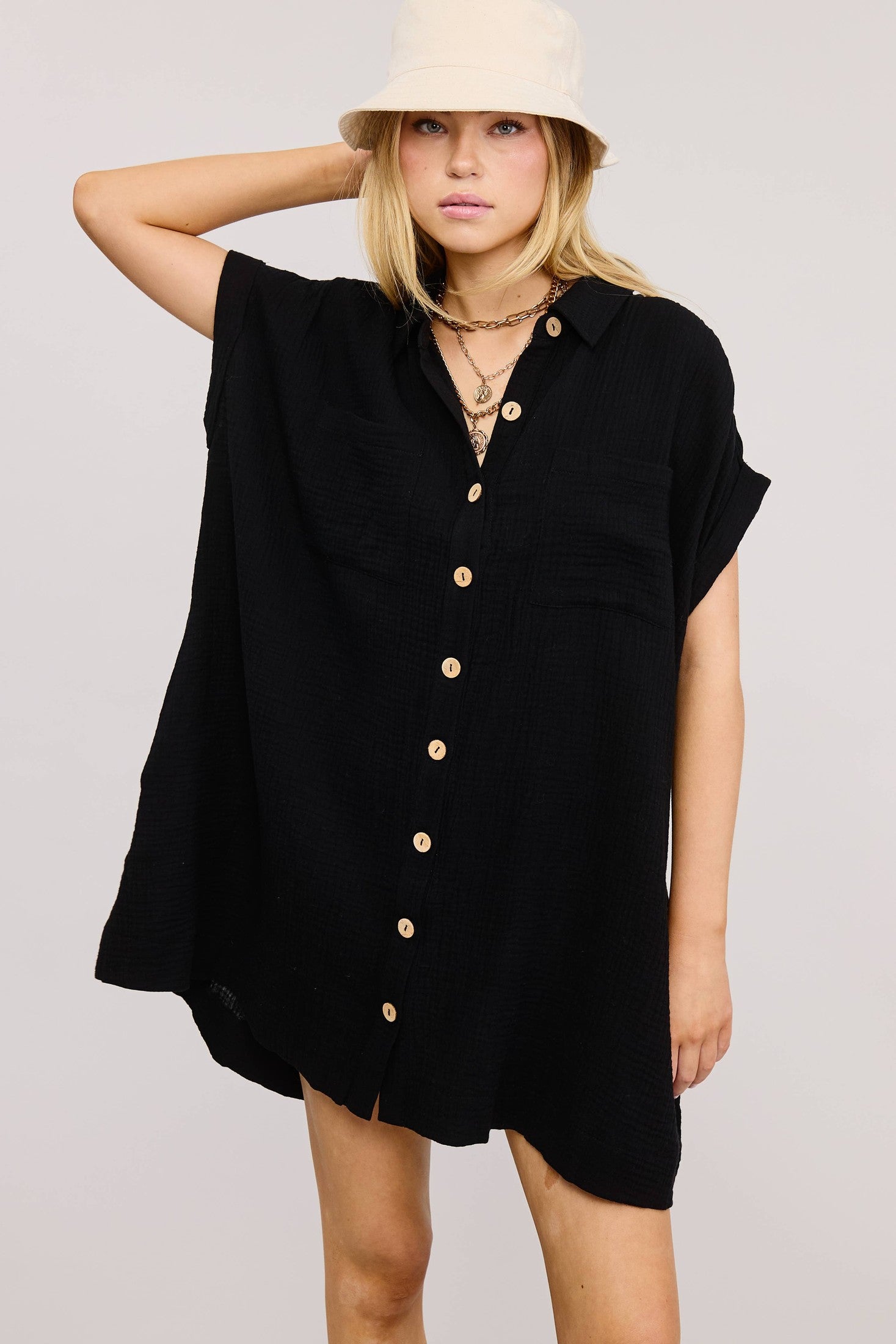 Mimosa - Cotton Gauze Button-Down Short-Sleeve Mini Dress