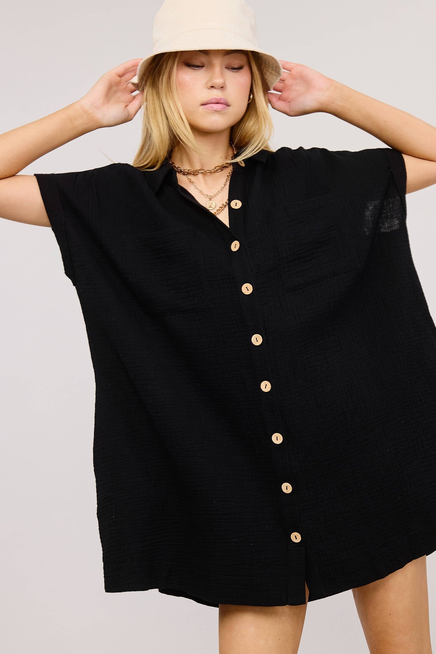 Mimosa - Cotton Gauze Button-Down Short-Sleeve Mini Dress