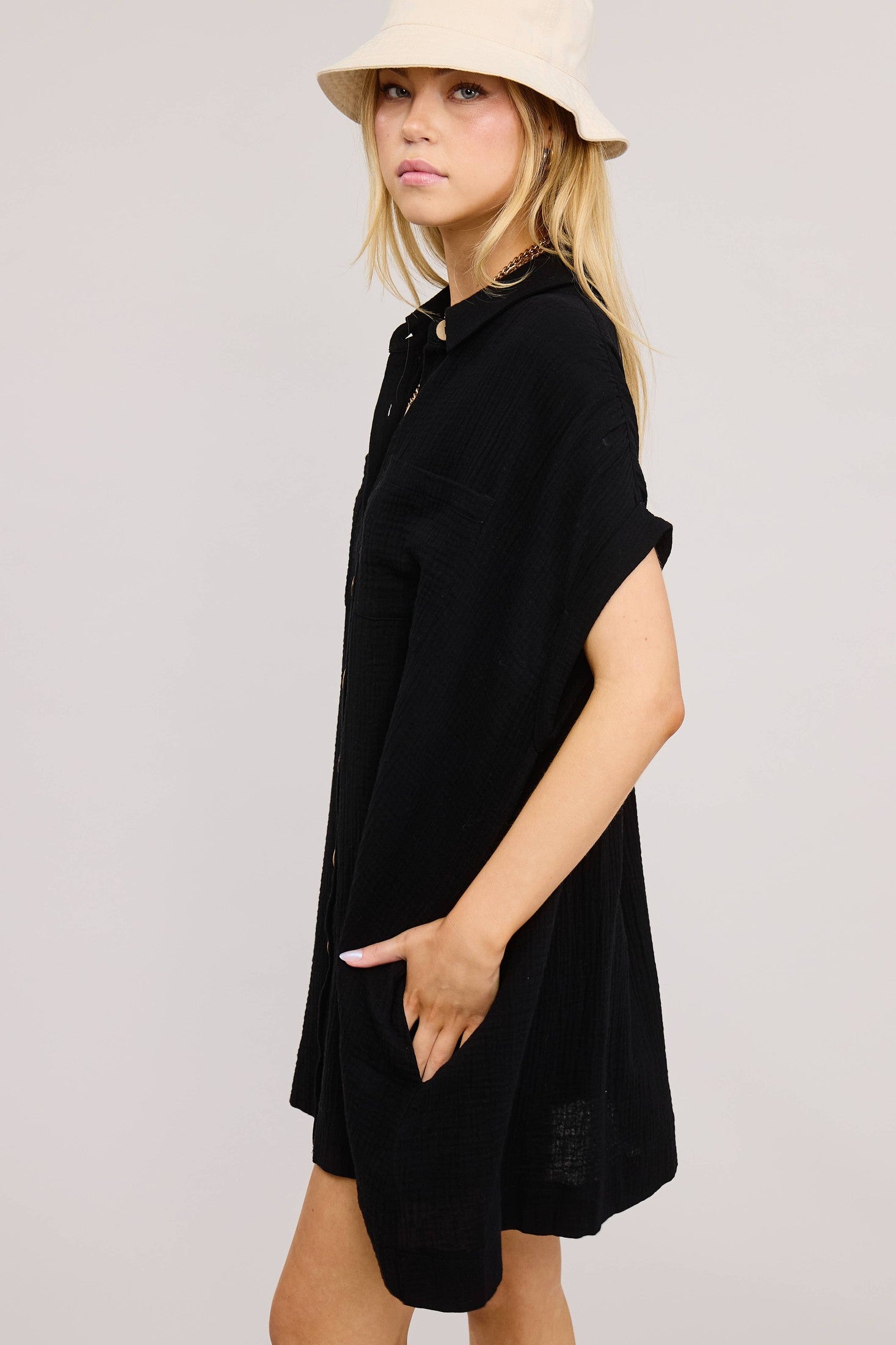 Mimosa - Cotton Gauze Button-Down Short-Sleeve Mini Dress