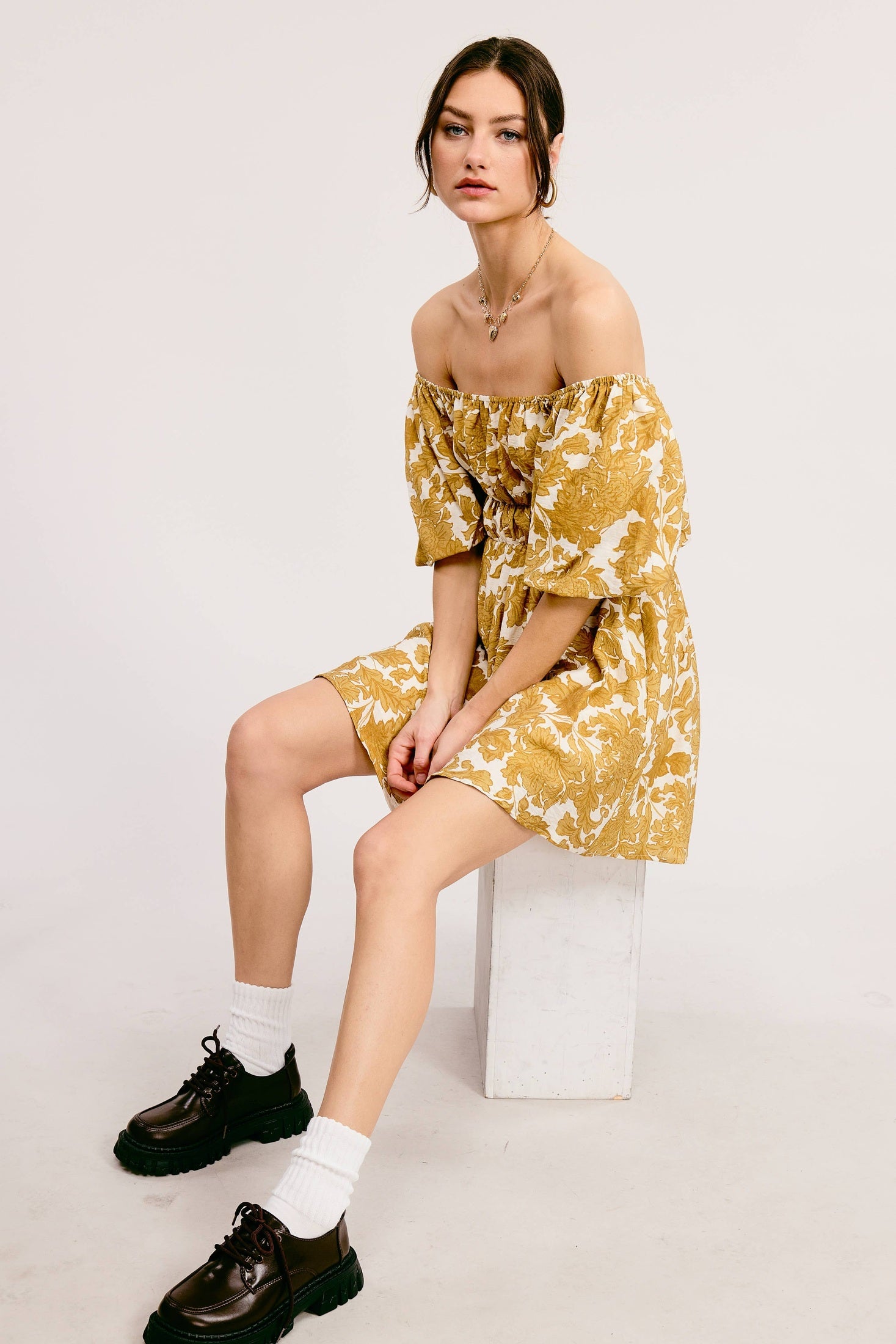 Mimosa - Floral Print Linen Mini Dress with Puff Sleeves