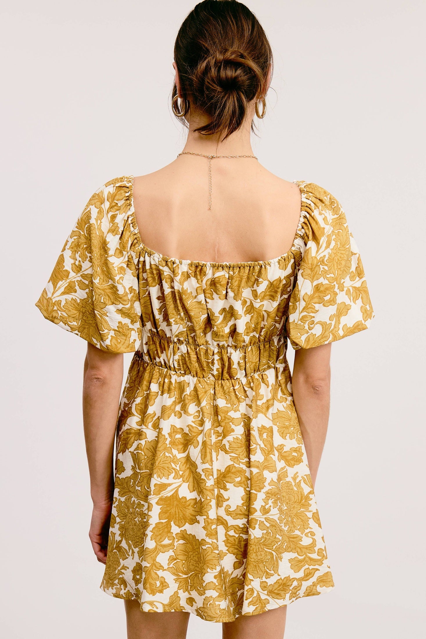 Mimosa - Floral Print Linen Mini Dress with Puff Sleeves