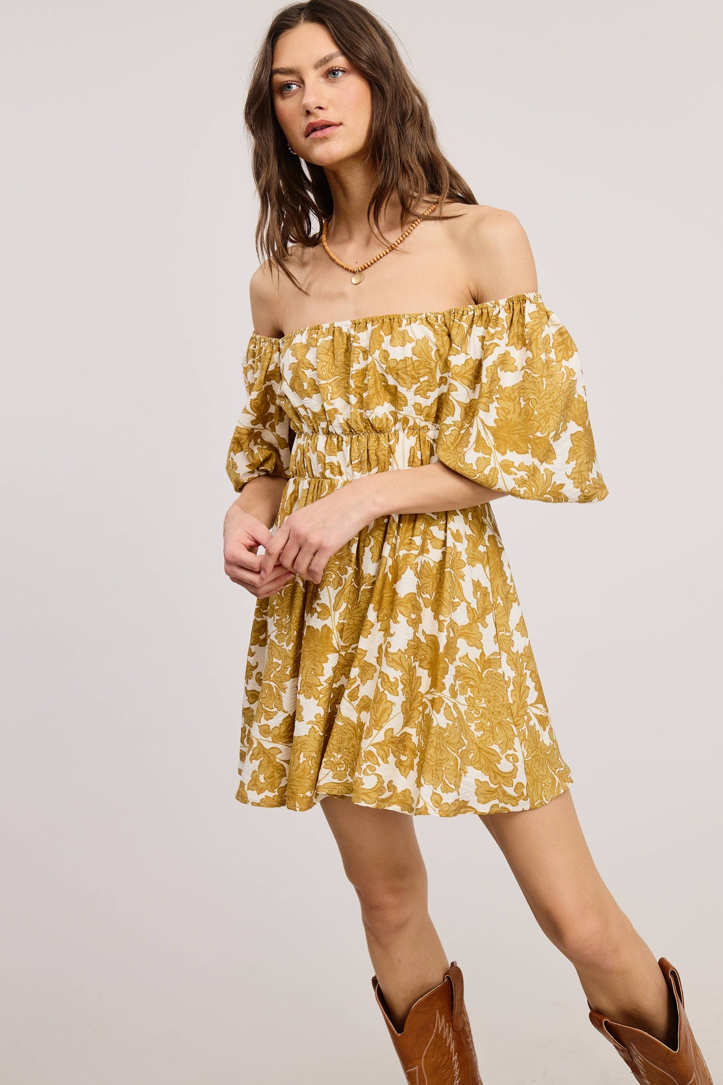 Mimosa - Floral Print Linen Mini Dress with Puff Sleeves