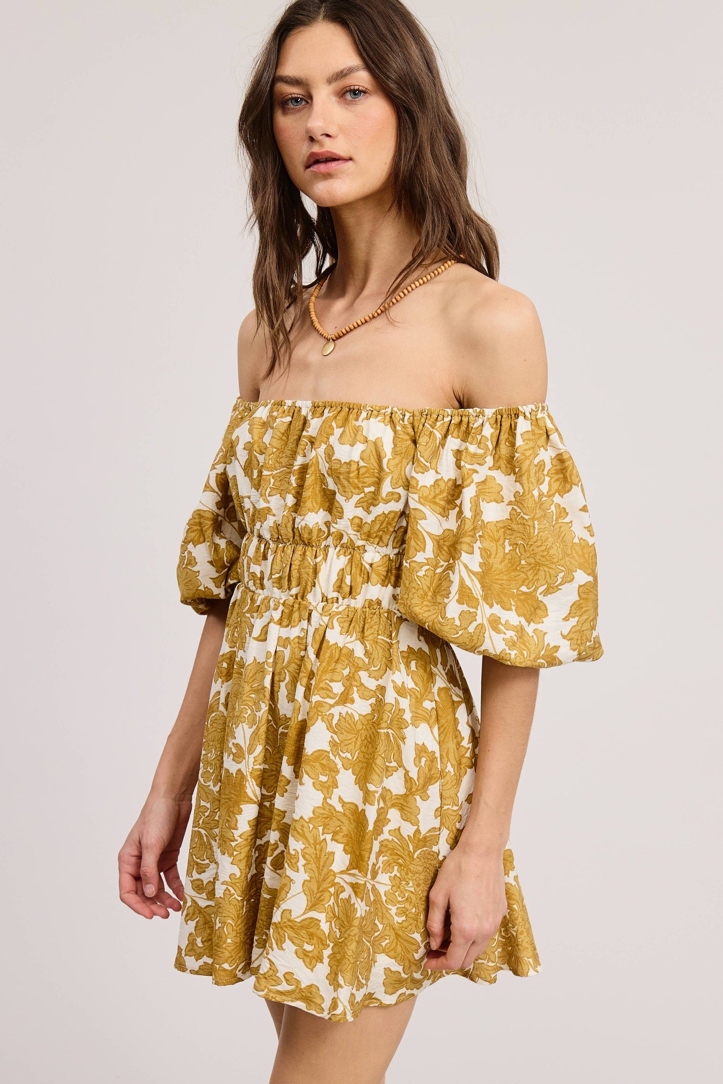 Mimosa - Floral Print Linen Mini Dress with Puff Sleeves
