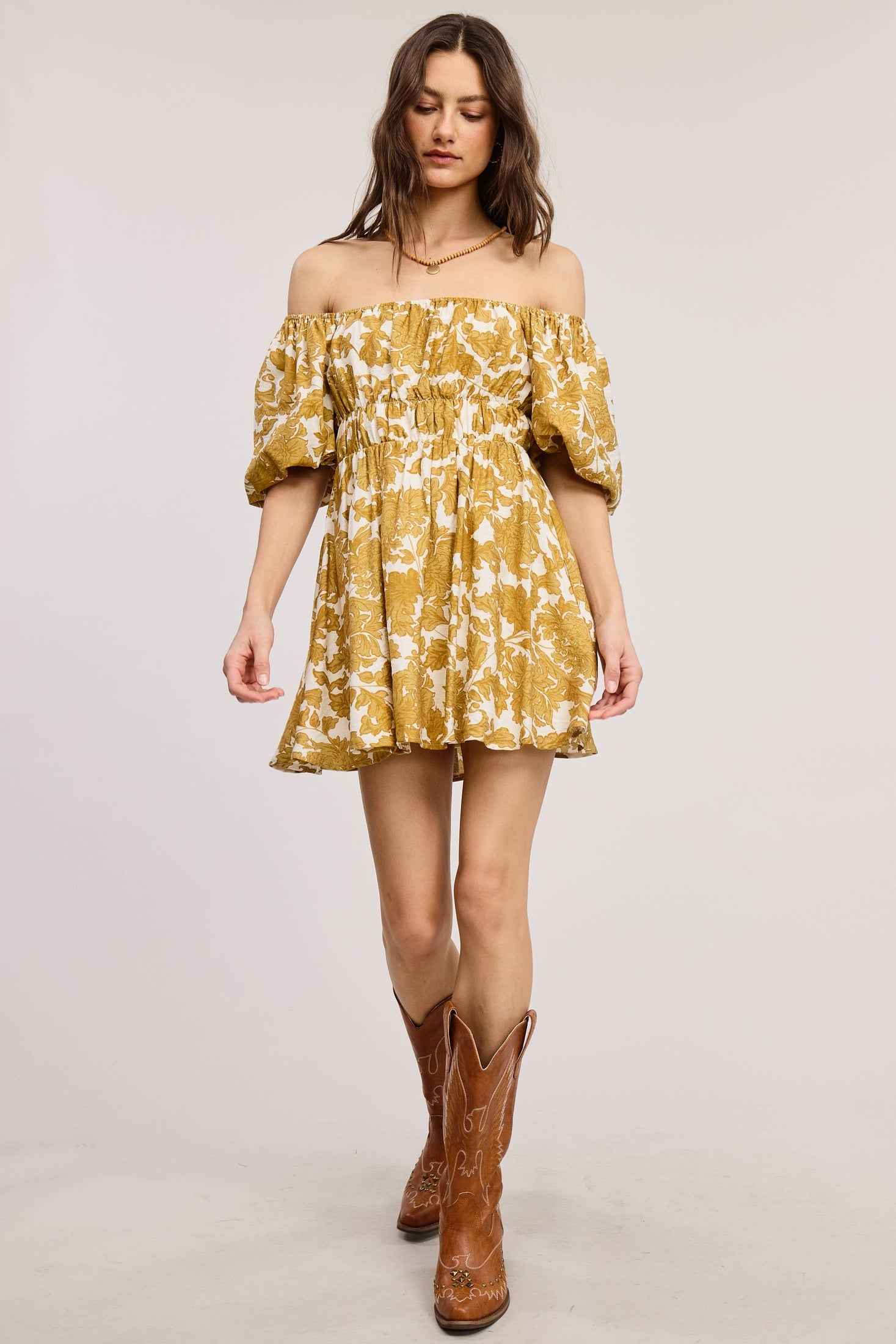 Mimosa - Floral Print Linen Mini Dress with Puff Sleeves
