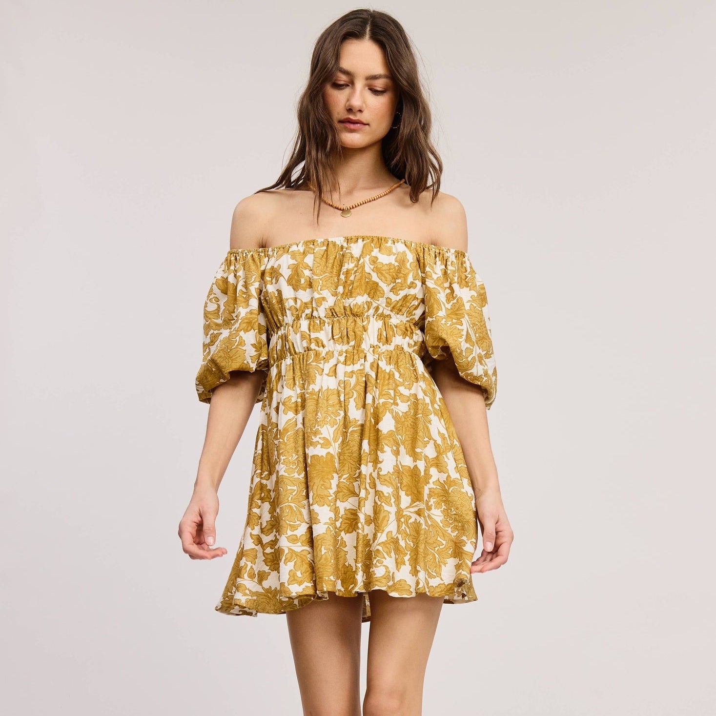 Mimosa - Floral Print Linen Mini Dress with Puff Sleeves