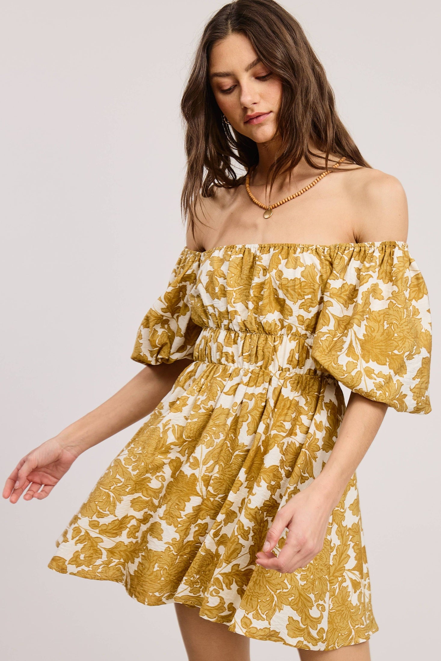 Mimosa - Floral Print Linen Mini Dress with Puff Sleeves