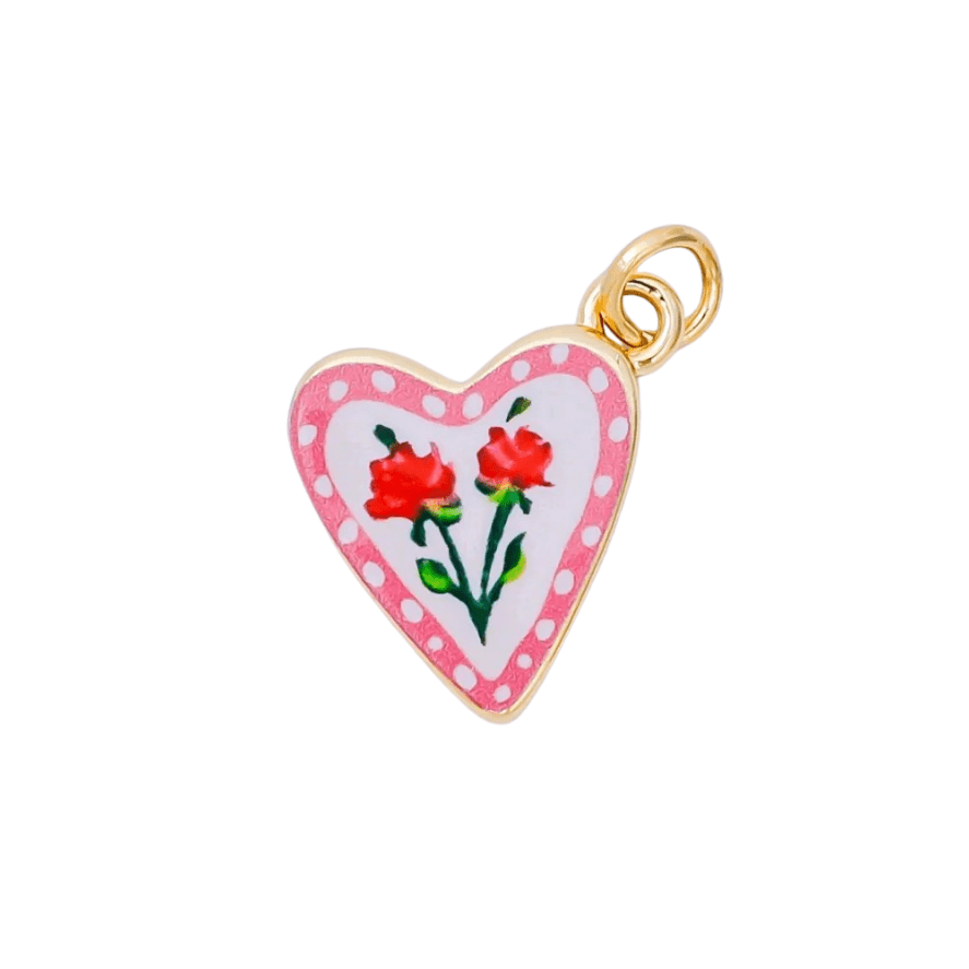 Pink Enamel Heart Charm with Roses