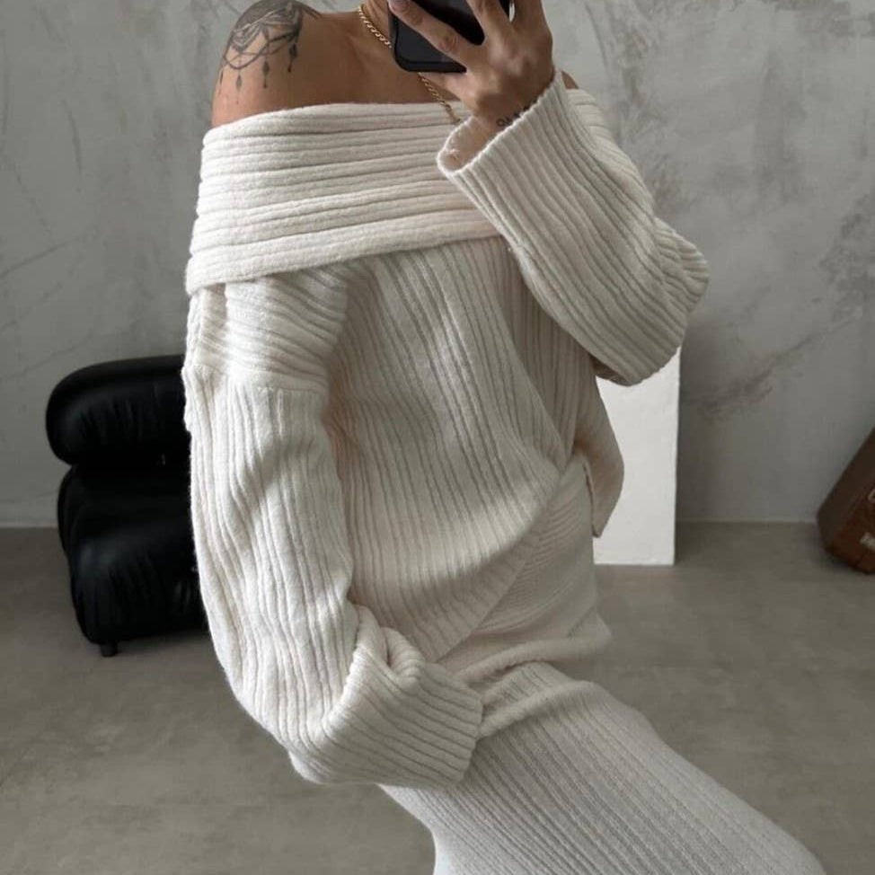 Rosa Clothing - Ribbed Knit Off Shoulder Sweater Stretch Maxi Skirt Set