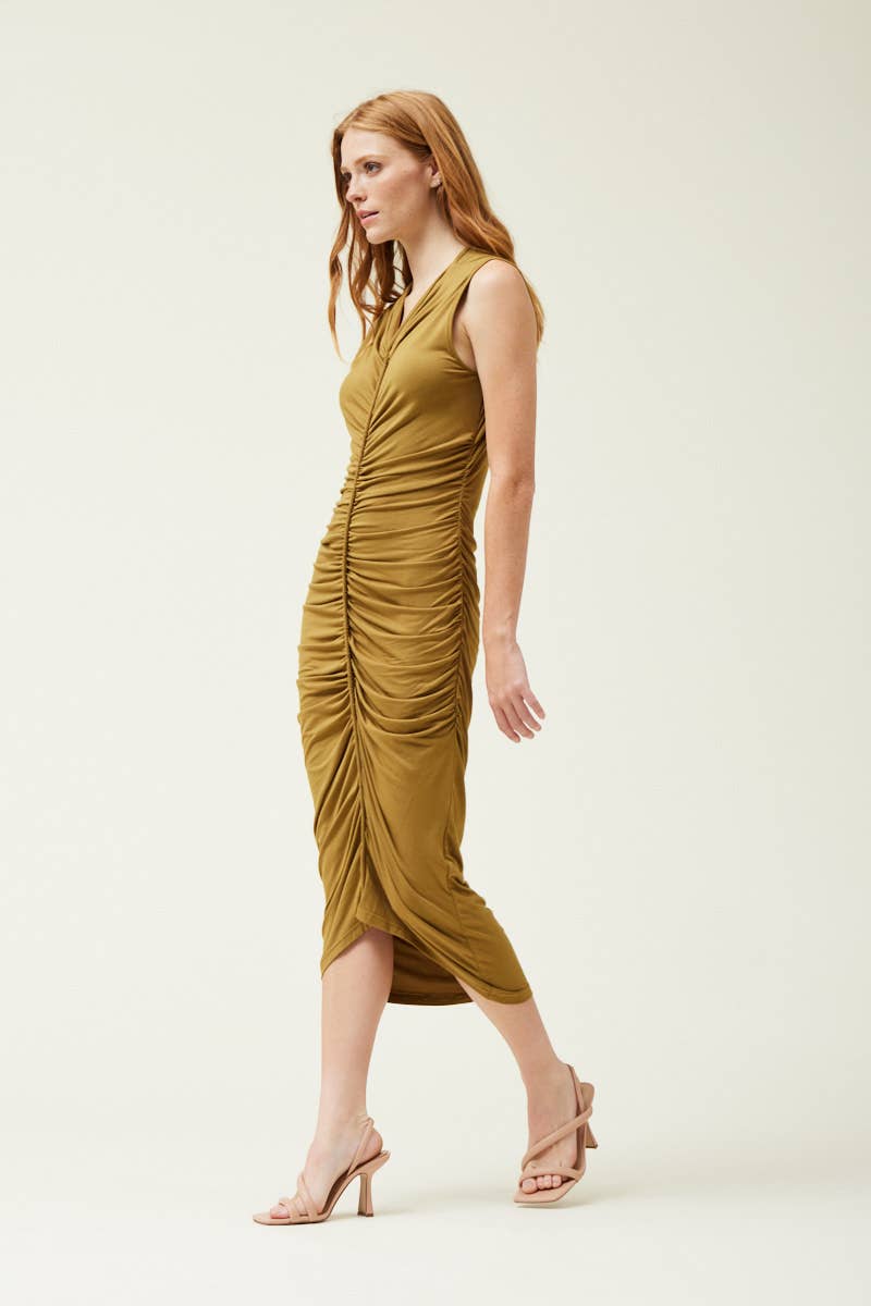 SOFT JERSEY SHIRRING MIDI DRESS Dresses + Jumpsuits