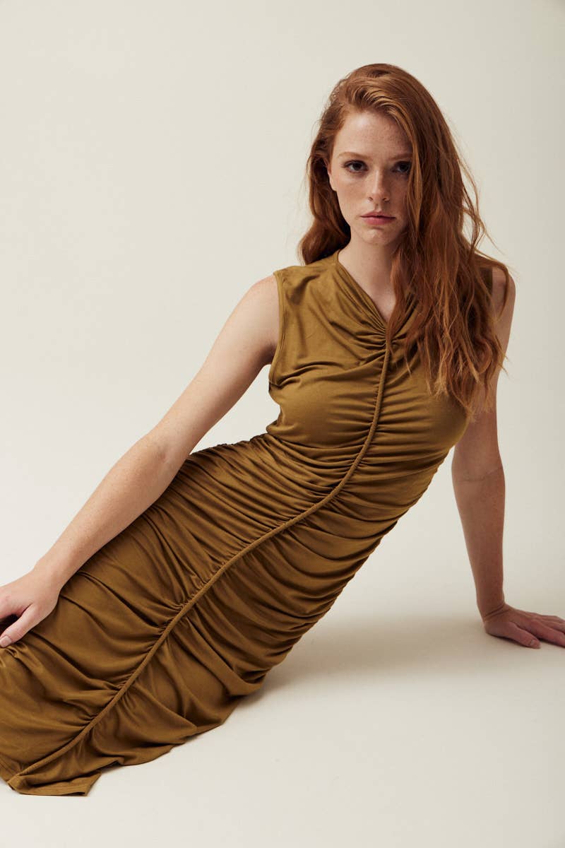 SOFT JERSEY SHIRRING MIDI DRESS Dresses + Jumpsuits