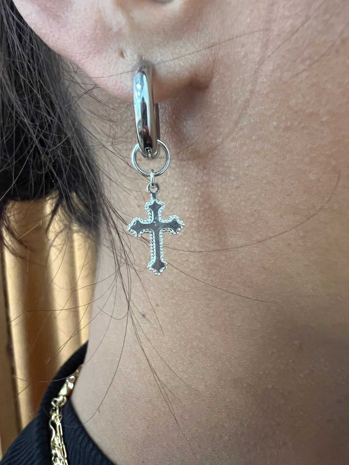Silver Cross Hoops Earrings