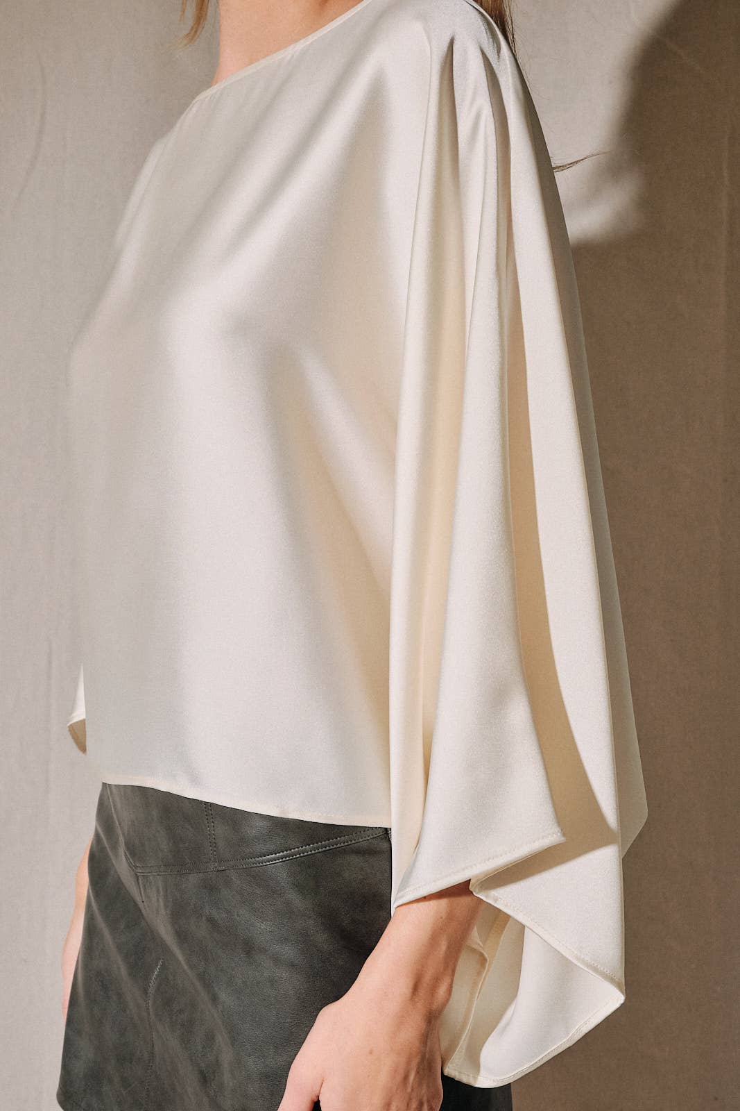 Sunday Edition by LE LIS - Ivory Satin Boat Neck 3/4 Sleeve Dolman Poncho Top