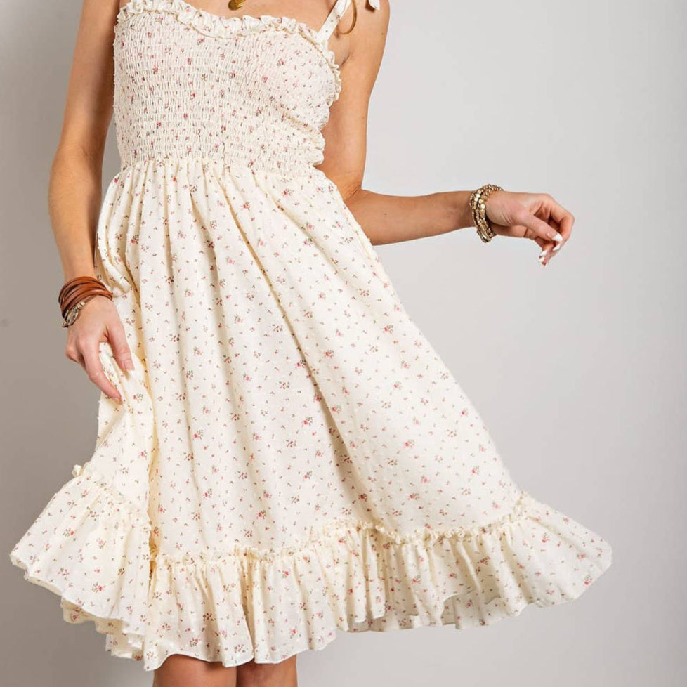 Flower Print Swiss Dot Smocking Dress S