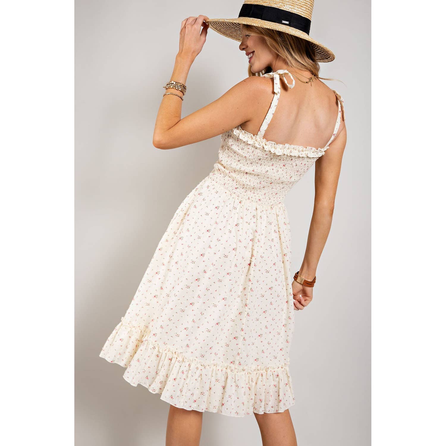 Sweet Generis - FLOWER PRINT SWISS DOT SMOCKING DRESS