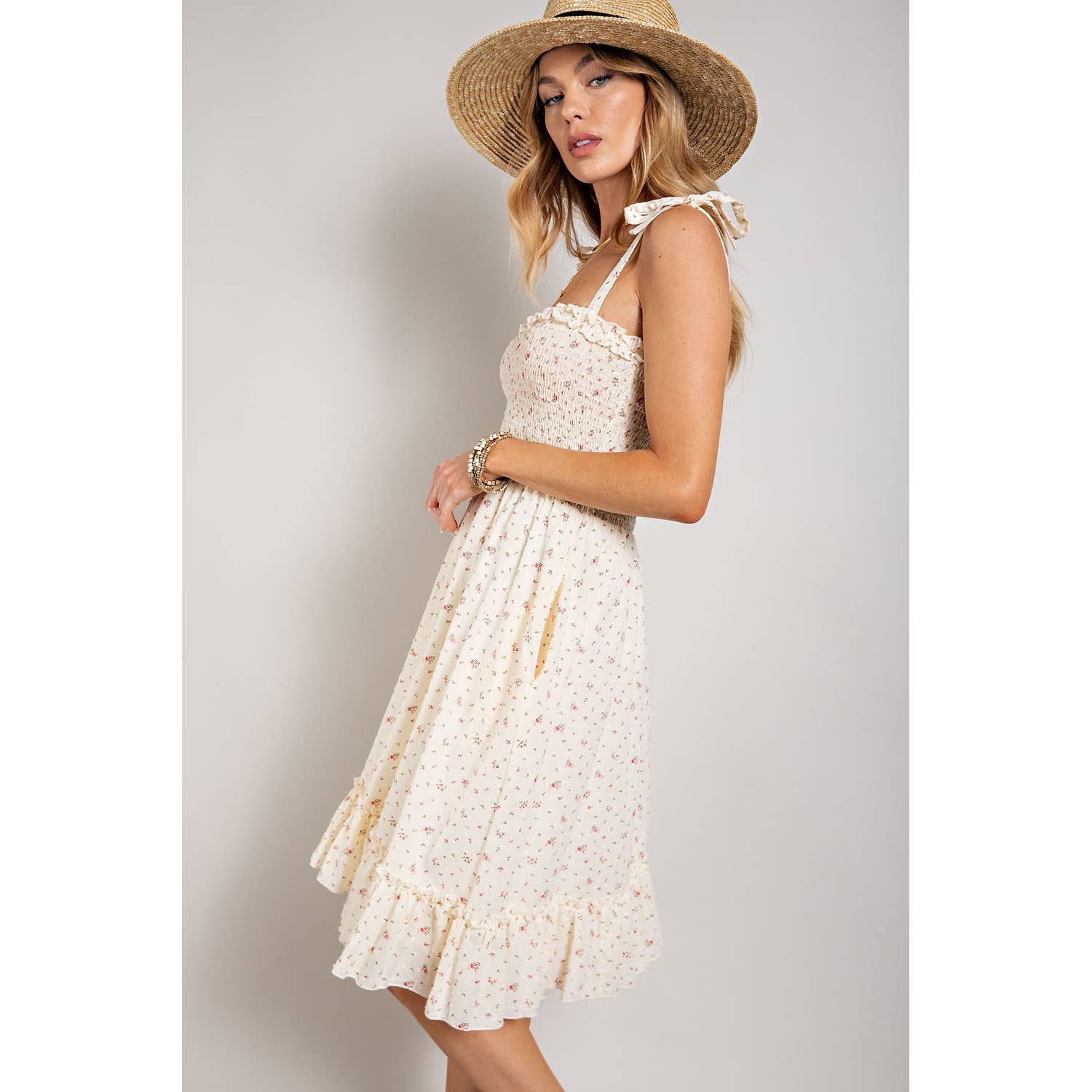 Sweet Generis - FLOWER PRINT SWISS DOT SMOCKING DRESS