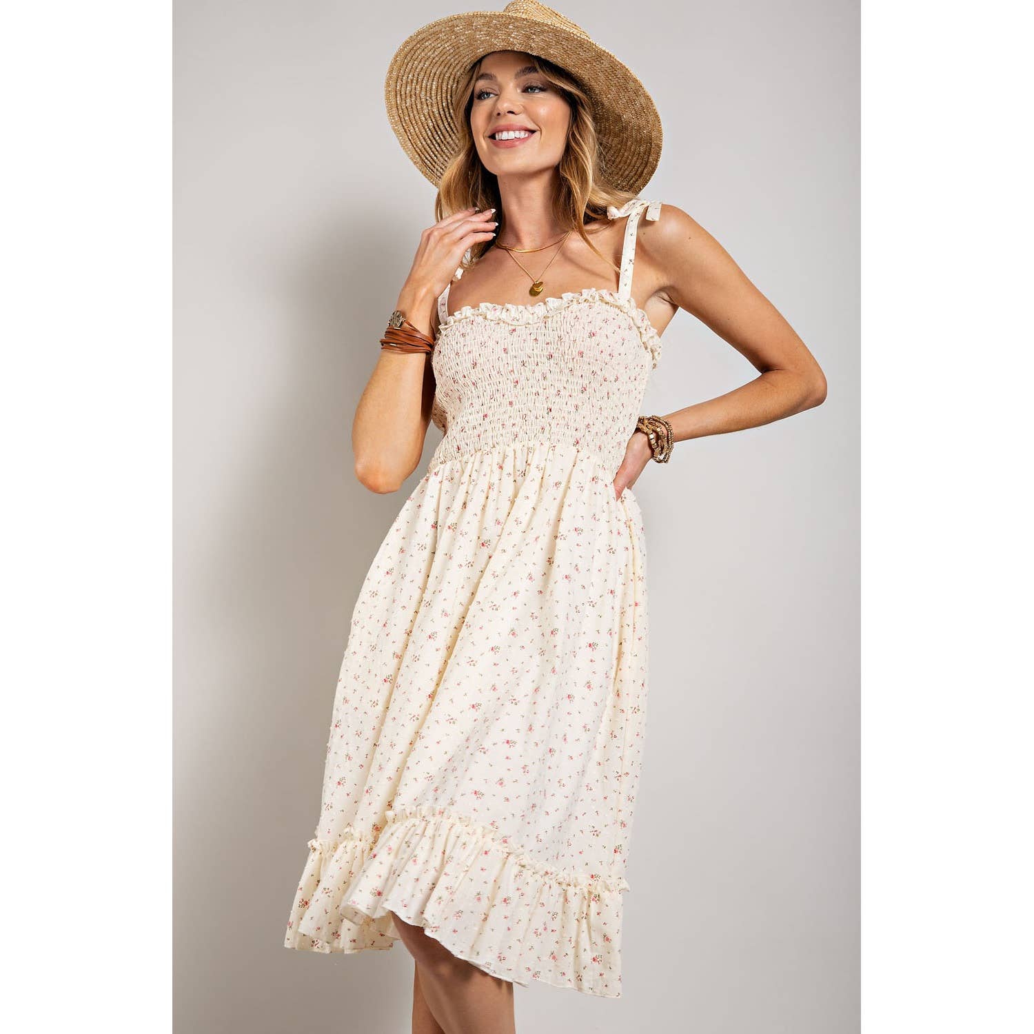 Sweet Generis - FLOWER PRINT SWISS DOT SMOCKING DRESS