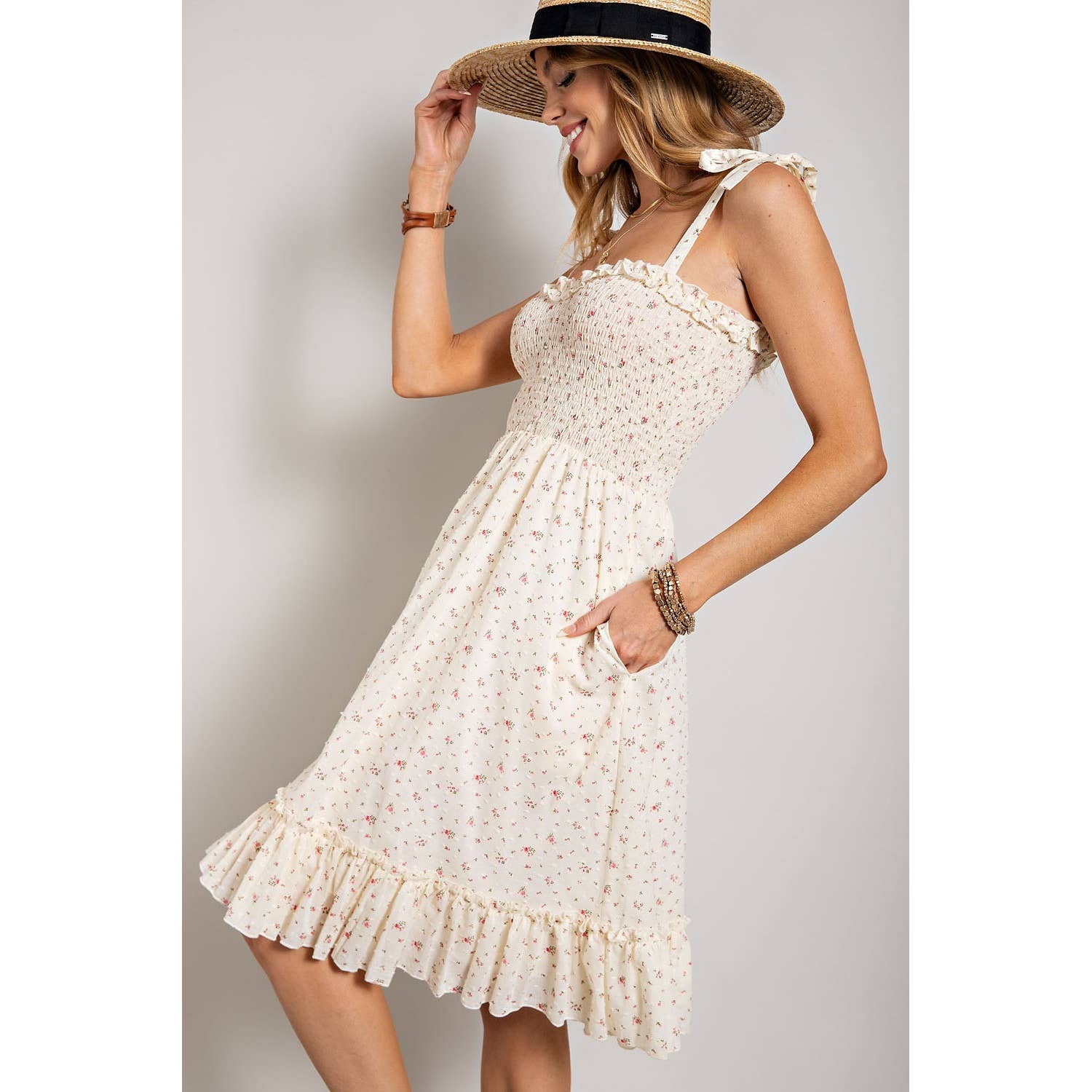 Sweet Generis - FLOWER PRINT SWISS DOT SMOCKING DRESS