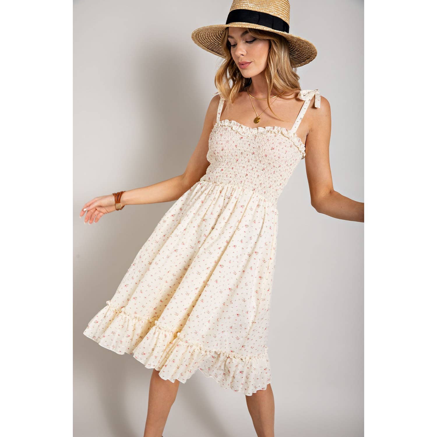 Sweet Generis - FLOWER PRINT SWISS DOT SMOCKING DRESS