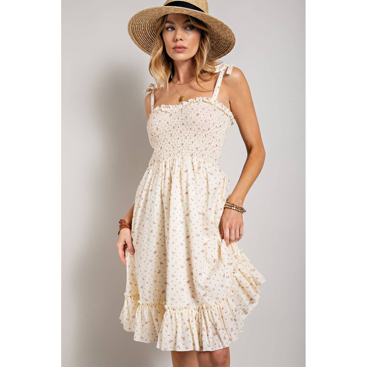 Sweet Generis - FLOWER PRINT SWISS DOT SMOCKING DRESS