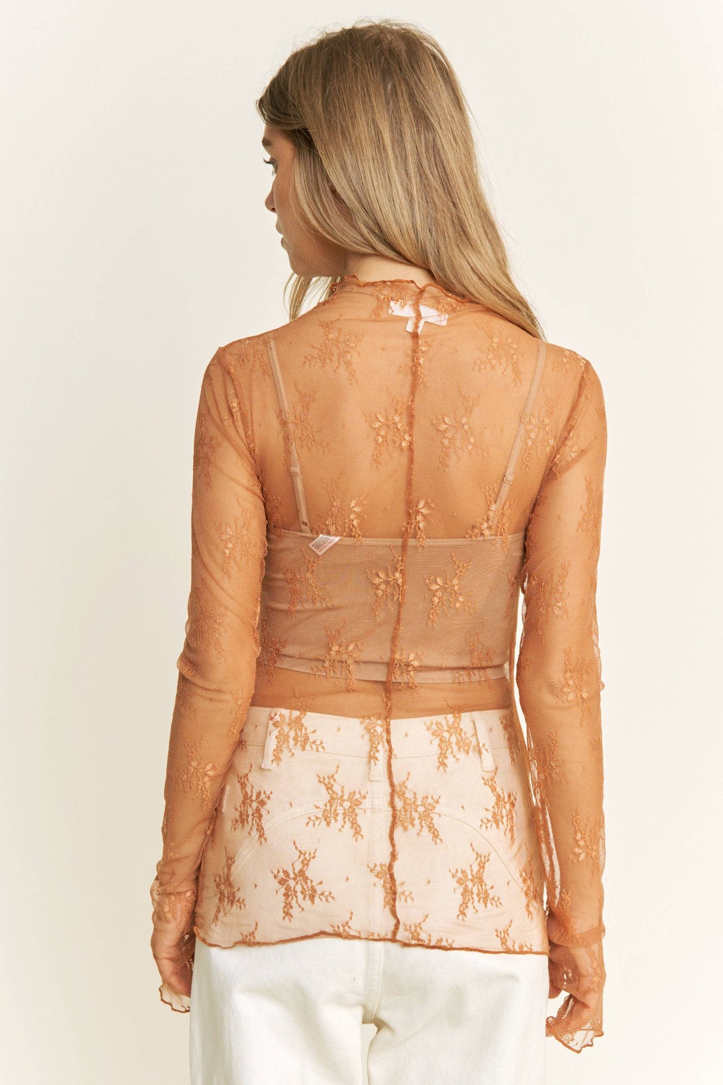 Sweet Generis - MESH LACE HIGH NECK DESIGN LONG SLEEVE FITTED TOP: Caramel / S-M-L 2-2-2